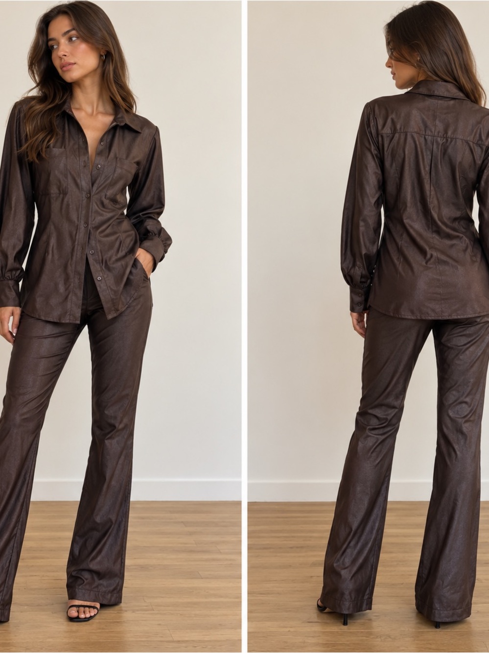 Fashion Nova Brown Faux-Leather Button-Up Shirt & Flare Pants
